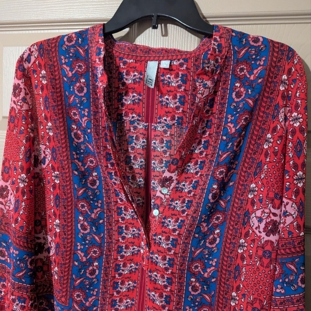 KUT Red and Blue V-Neck Long Benica Slit Sleeve Blouse - Picture 6 of 8
